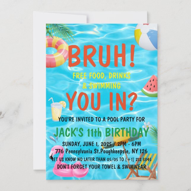Bruh Boy Pool Party Birthday Invitation (Front)