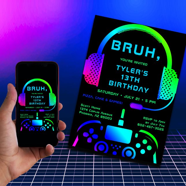 Bruh Boy Teen Birthday Neon Video Game Party Invitation (The number can be changed to any age.)