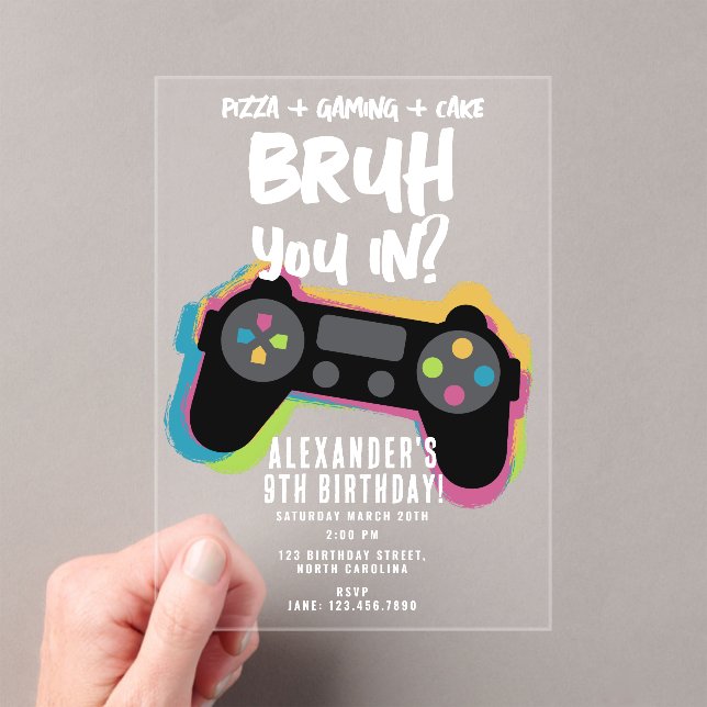 Bruh Boy's Birthday Neon Gaming Teen Gamer Acrylic Invitations (Insitu (Handheld))