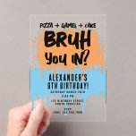 Bruh Boy's Birthday Neon Graffiti Orange Blue Acrylic Invitations<br><div class="desc">A teen boys "Bruh" themed birthday invitation using cool typography. A custom kids neon graffiti orange and blue "pizza,  games and cake " teenage boys birthday invitation design perfect for any teens birthday party theme. Customise this  "Bruh" birthday invitation with your own text and make it your own!</div>