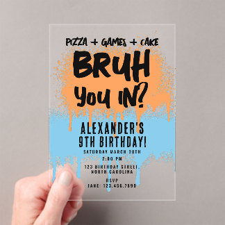 Bruh Boy's Birthday Neon Graffiti Orange Blue Acrylic Invitations