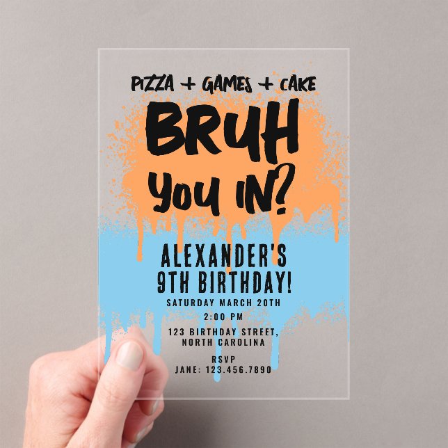 Bruh Boy's Birthday Neon Graffiti Orange Blue Acrylic Invitations (Insitu (Handheld))