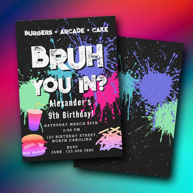 Bruh Boy's Birthday Neon Graffiti Teenager Burgers Invitation (Bruh Boy's Birthday Neon Graffiti Teenager Burgers Invitation)