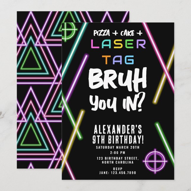 Bruh Boy's Birthday Neon Laser Tag Invitation (Front/Back)