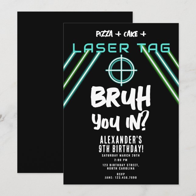 Bruh Boy's Birthday Neon Laser Tag Invitation (Front/Back)