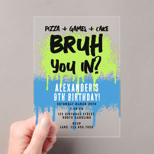 Bruh Boy's Birthday Party Neon Graffiti Green Blue Acrylic Invitations
