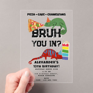 Bruh Boy's Birthday Party Pizza Cake Chameleons Acrylic Invitations