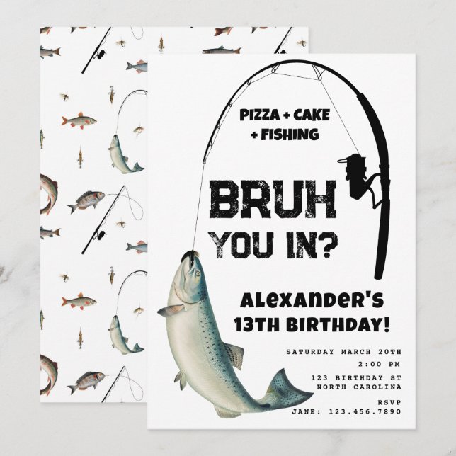 Bruh Boy's Birthday Party Teenager Fishing Invitation (Front/Back)