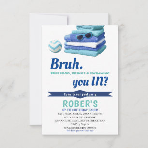 BRUH Boys Blue Pool Party Birthday Invitation