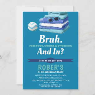 BRUH Boys Blue Pool Party Birthday Invitation