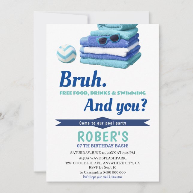 BRUH Boys Blue Pool Party Birthday Invitation (Front)