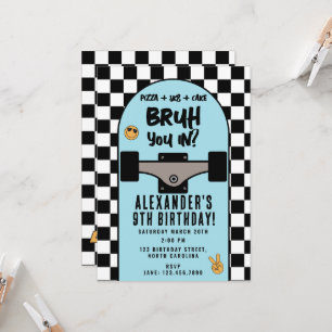 Bruh Boy's Skateboarding Checkered Birthday Party Invitation