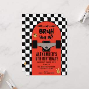 Bruh Boy's Skateboarding Checkered Birthday Party Invitation