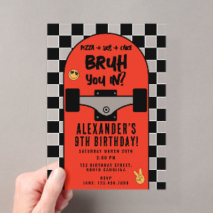 Bruh Boy's Skateboarding Chequered Birthday Party Acrylic Invitations