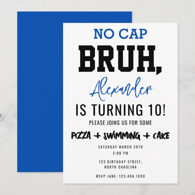 Bruh Boy's Teenager Birthday No Cap Teen Boy Invitation (Front/Back)