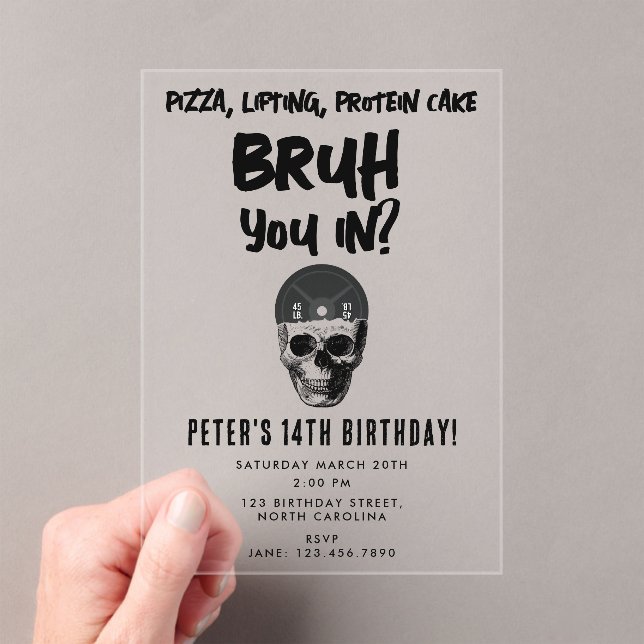 Bruh Boys Teenager Birthday Party Teen Boy Weights Acrylic Invitations (Insitu (Handheld))