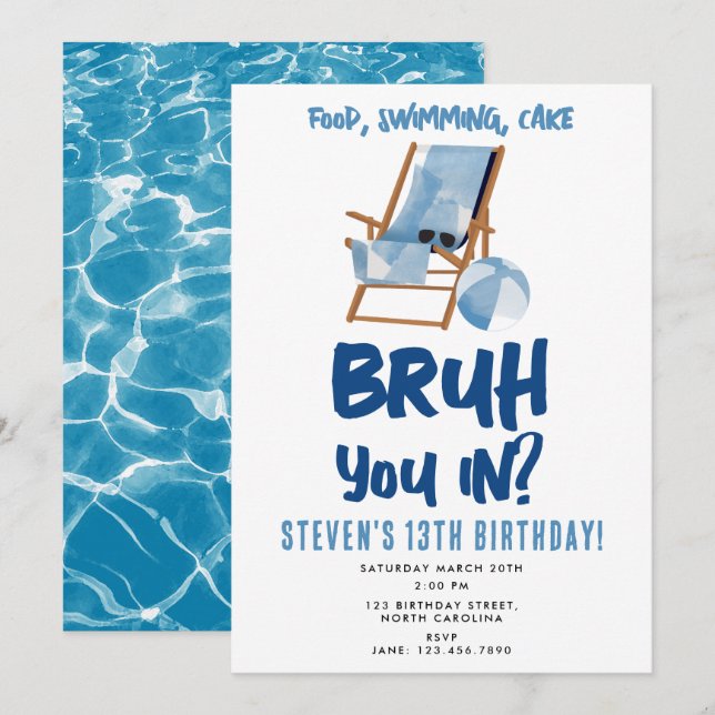 Bruh Boy's Teenager Birthday Pool Party Teen Boy Invitation (Front/Back)