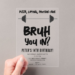 Bruh Boys Teenager Birthday Teen Boy Dumbbell Acrylic Invitations