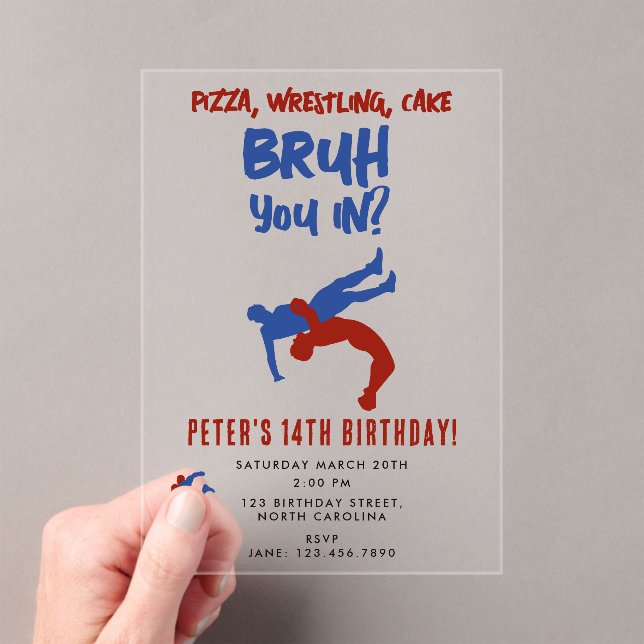 Bruh Boys Teenager Birthday Teen Boy Wrestling Acrylic Invitations (Insitu (Handheld))