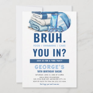 BRUH Cool Blue Pool Party Boy Birthday Invitation
