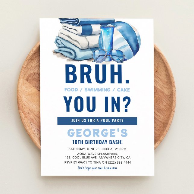 BRUH Cool Blue Pool Party Boy Birthday Invitation (Creator Uploaded)