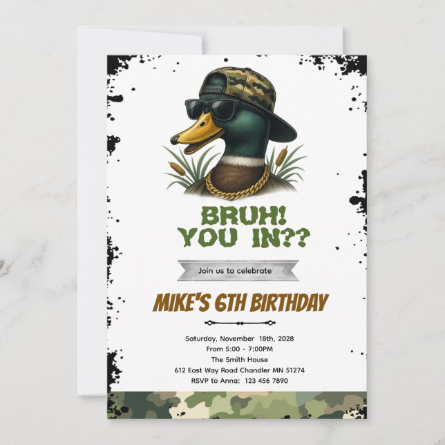 Bruh duck hunting birthday invitation (Front)