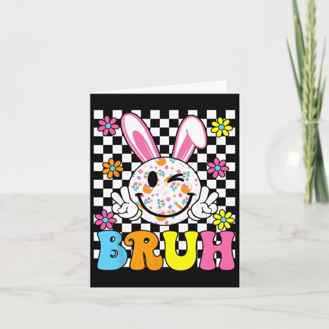 Bruh Easter Day Funny Bunny Eggs Groovy Smile Face Card (Front)