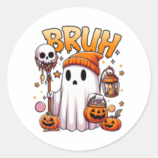 Bruh Ghost Halloween Cute Ghost Trick Or Treat Can Classic Round Sticker