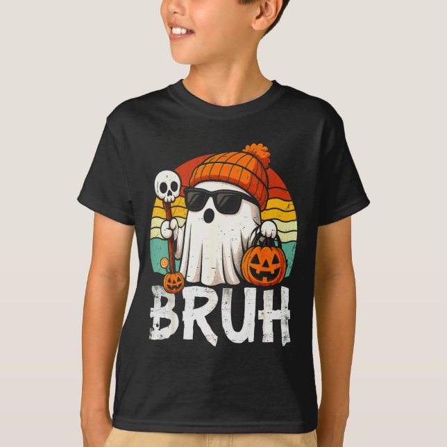 Bruh Ghost Halloween Cute Ghost Trick Or Treat Can T-Shirt (Front)
