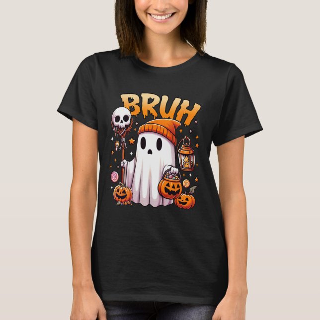 Bruh Ghost Halloween Cute Ghost Trick Or Treat Can T-Shirt (Front)