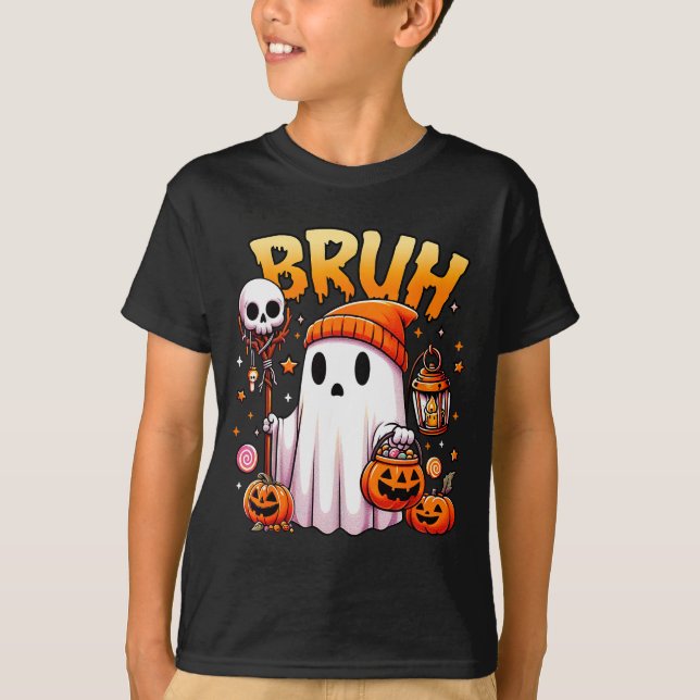 Bruh Ghost Halloween Cute Ghost Trick Or Treat Can T-Shirt (Front)