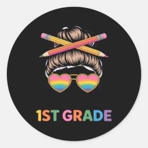 Bruh In 1st Grade Messy Bun First Day Of School Classic Round Sticker