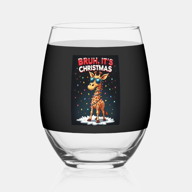 Bruh It's Christmas Giraffe Funny Dabbing Long Sle Stemless Wine Glass (Front)