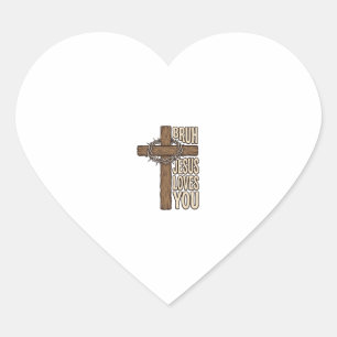 Bruh Jesus Loves You Cross Vintage Christian Vecto Heart Sticker
