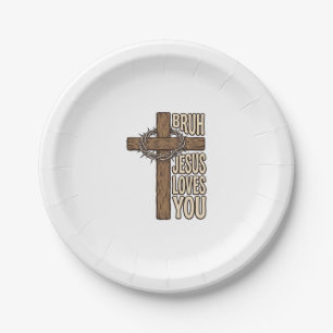 Bruh Jesus Loves You Cross Vintage Christian Vecto Paper Plate