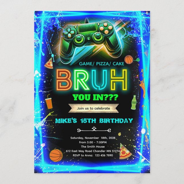 Bruh neon birthday invitation (Front)
