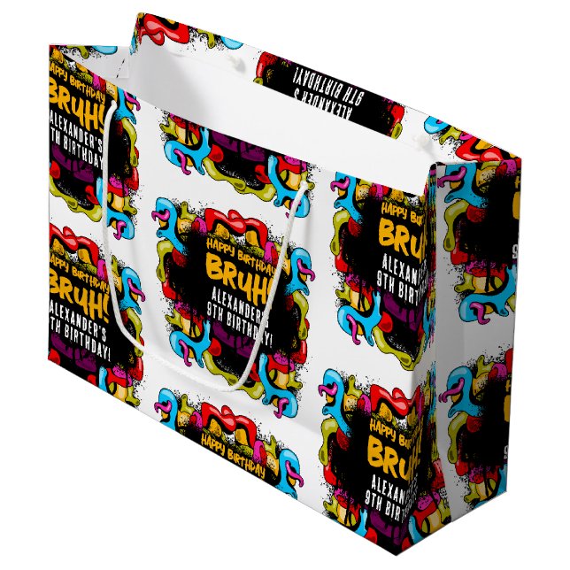 Bruh Neon Graffiti Hip Hop Street Art Birthday Large Gift Bag (Front Angled)