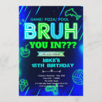 Bruh Neon pool Birthday Invitation