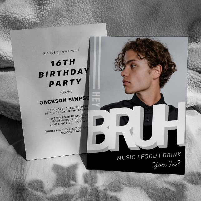BRUH Photo Teenage Boy Birthday Party Invitation (Creator Uploaded)