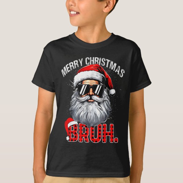 Bruh Santa Hat Funny Christmas Red Plaid Men Boys  T-Shirt (Front)