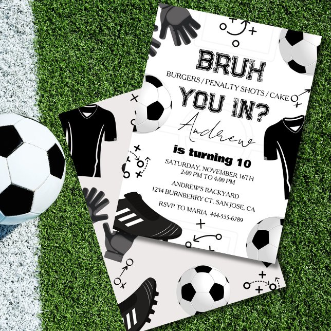 Bruh Soccer Birthday Invitation for Kids (Bruh, you in? Kick off the fun with this soccer birthday invitation for kids!)