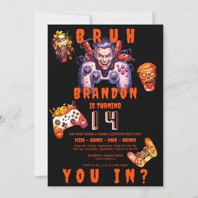 BRUH Teen Halloween Birthday Video Game Sleepover Invitation (Front)