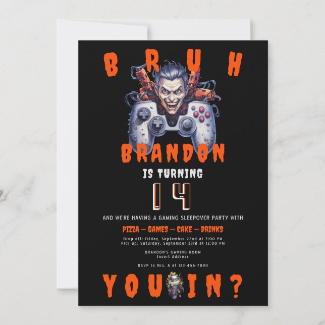 BRUH Teen Halloween Video Game Sleepover Birthday Invitation (Front)