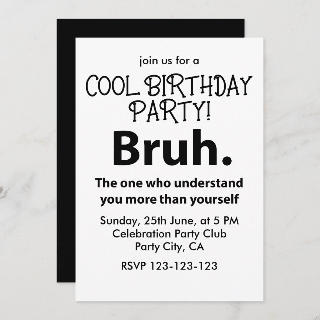 Bruh Typography Teen Boy Birthday Bruh Invitation (Front/Back)