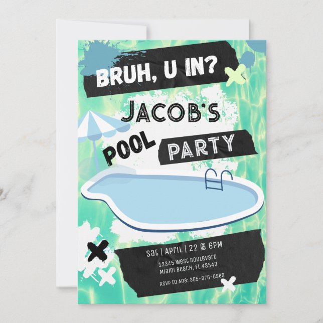 Bruh You In Pool Party Teen Boy Birthday Invitation (Front)