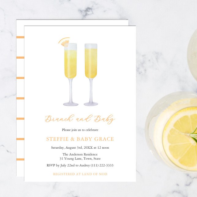 Brunch and Baby Mimosas Baby Shower Sip & See Invitation (Mimosas Momosas Brunch with baby yellow orange invitations for sip and see or baby sprinkle shower)