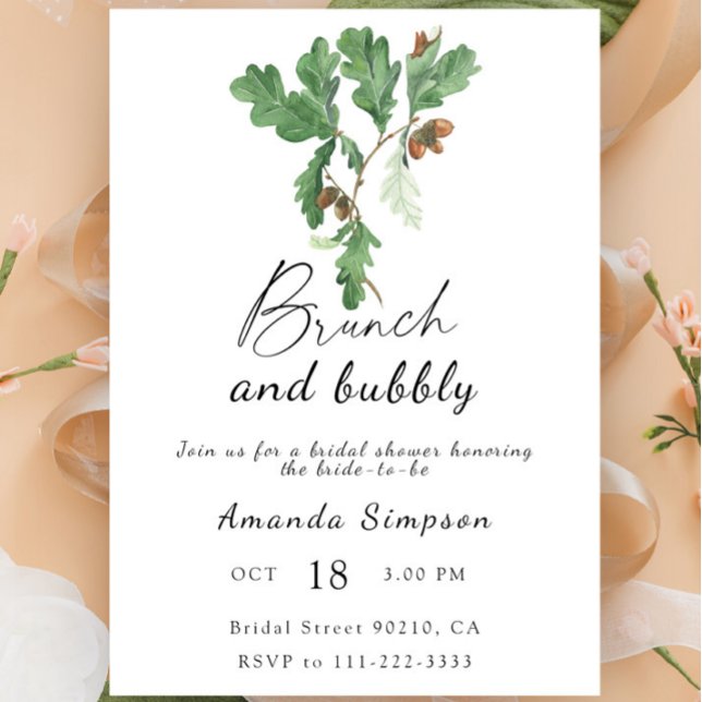 Brunch and bubbly Acorn branch bridal shower Invitation (Creator Uploaded)