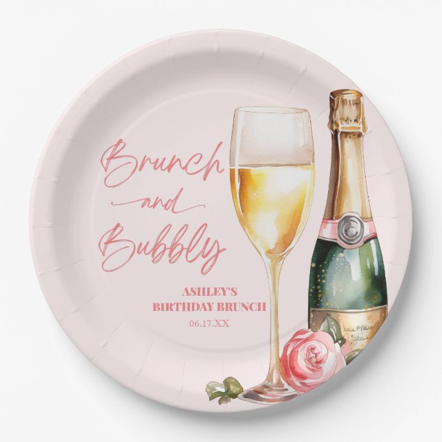 Brunch and Bubbly Birthday Brunch Welcome Sign Paper Plate (Front)