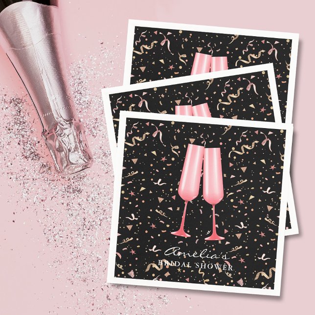 Brunch and Bubbly Bridal Shower Black Napkin (Brunch and bubbly pink champagne bridal shower black napkins)