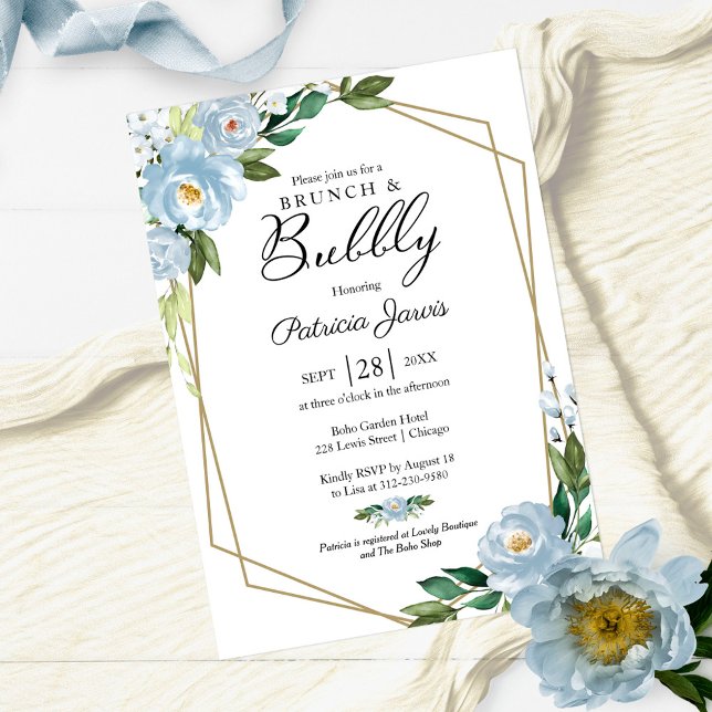 Brunch And Bubbly Bridal Shower Dusty Blue Floral Invitation (Creator Uploaded)